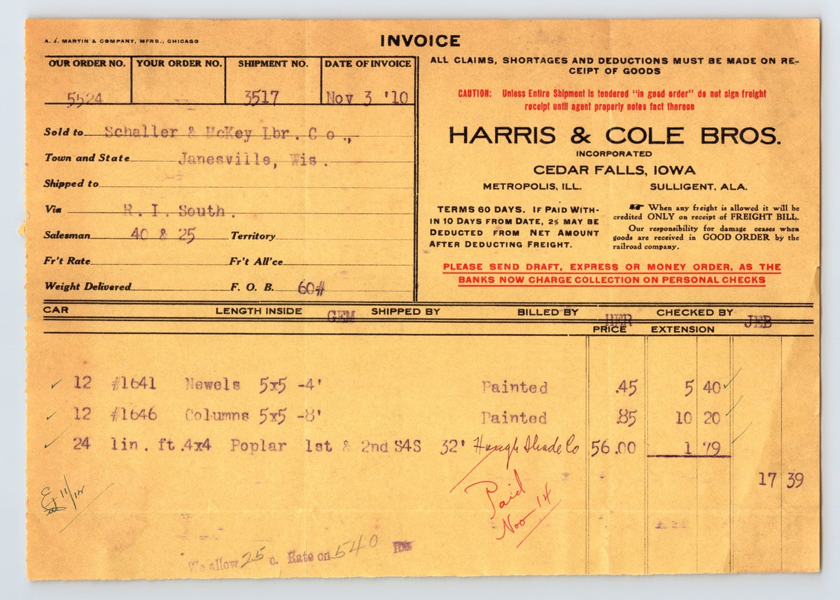 Cedar Falls Iowa Harris Cole Brothers lumber invoice 1910 billhead document