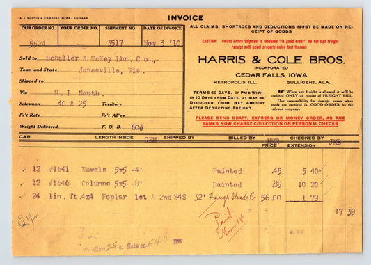 Cedar Falls Iowa Harris Cole Brothers lumber invoice 1910 billhead document