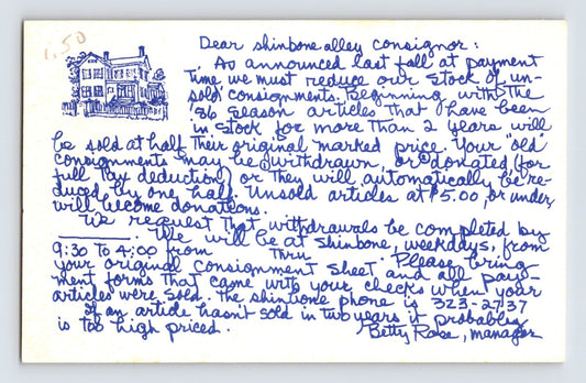 Long Island New York Shinbone Alley consignment shop 1986 postcard handwritten message advertising end of season sale blue ink illustration house motif
