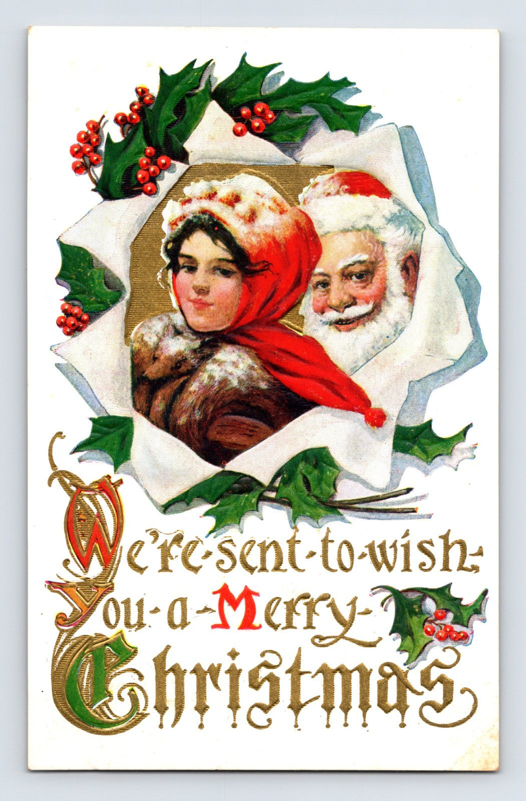Santa Claus and young woman framed by holly and ribbon on embossed Christmas postcard with ornate gold lettering and holiday greeting.