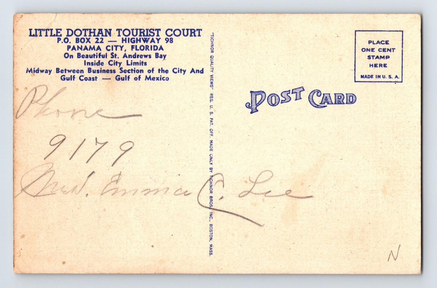 Panama City Florida Little Dothan Tourist Court Motel 1940s Postcard Linen