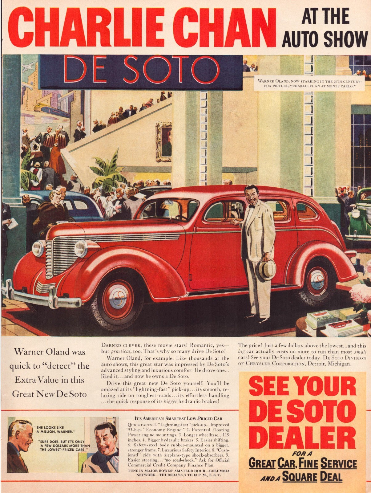De Soto 1937 print ad Charlie Chan auto show red sedan showroom scene