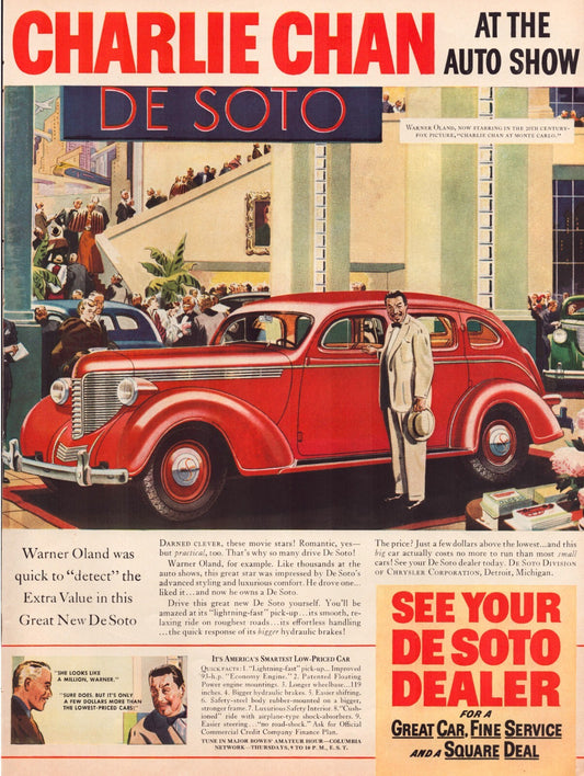 De Soto 1937 print ad Charlie Chan auto show red sedan showroom scene
