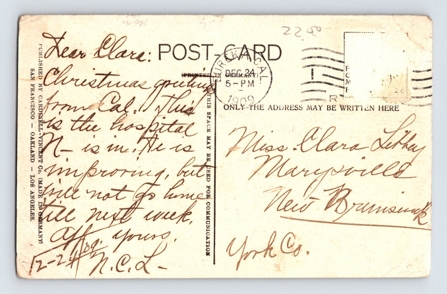 Eureka California Sequoia Hospital 1909 Postcard Posted Divided Back