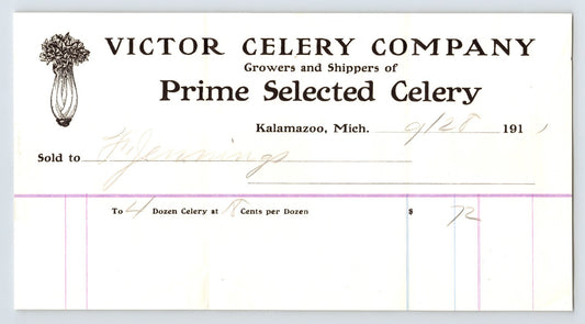 Kalamazoo Michigan Victor Celery Company 1911 billhead prime selected celery growers shippers invoice