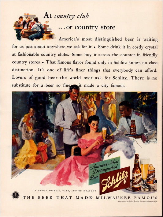 Schlitz Beer 1941 country club ballroom illustration waiters serving beer vintage print advertisement