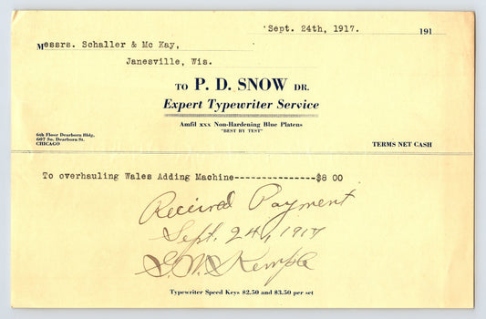 1917 Chicago Illinois P D Snow Expert Typewriter Service billhead for adding machine overhaul with handwritten receipt notation
