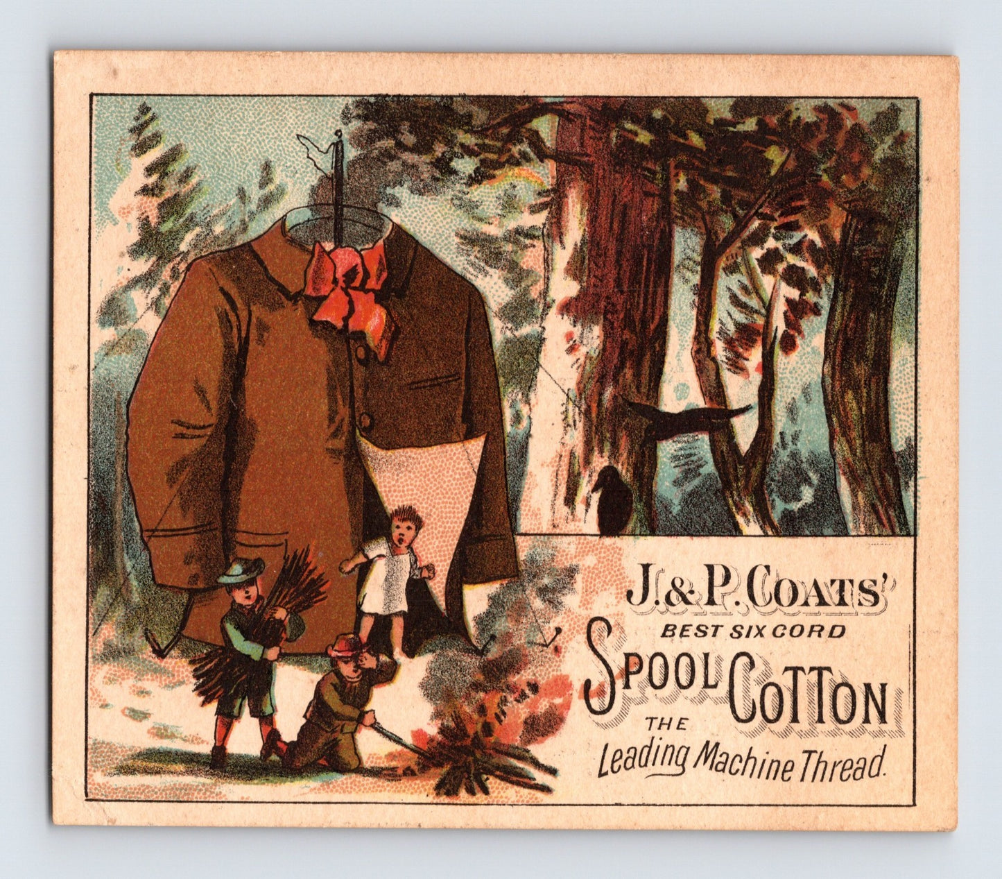 J P Coats spool cotton trade card Victorian children campfire oversized coat thread advertising