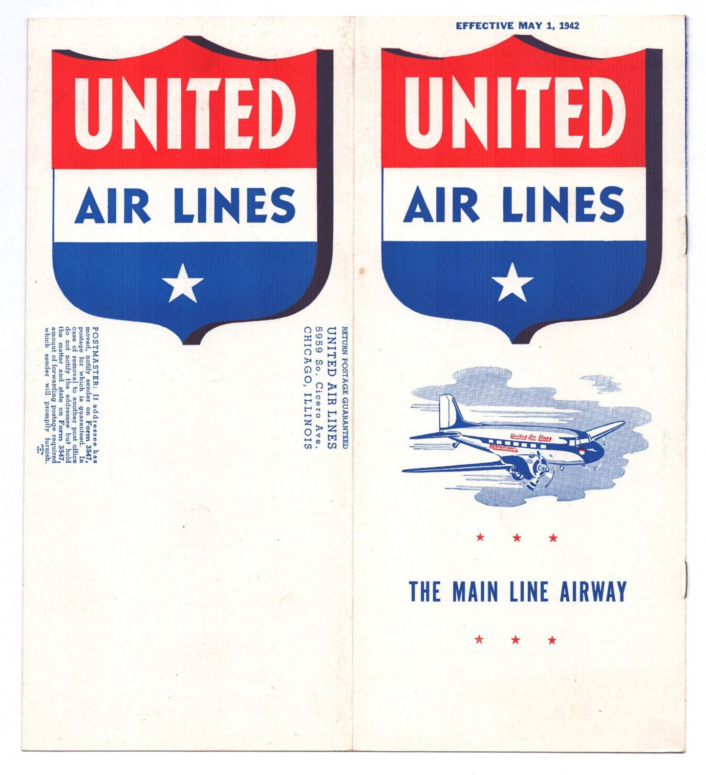 1942 United Air Lines system timetable brochure cover featuring large red white and blue shield logos and illustration of a propeller aircraft with The Main Line Airway slogan.