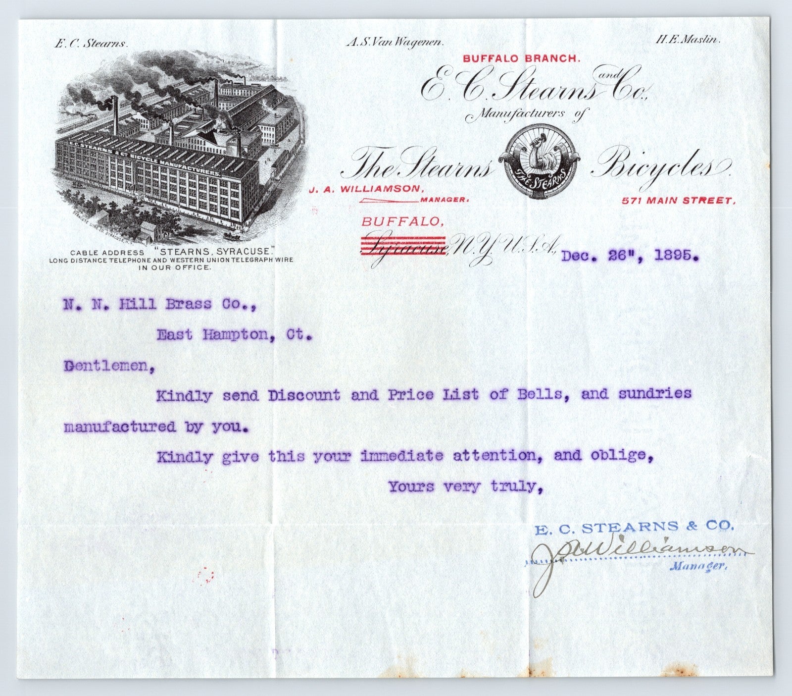 E C Stearns Company Buffalo New York 1895 bicycle letterhead with factory illustration and typed business correspondence