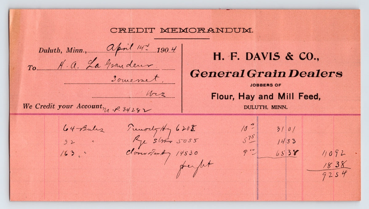 Duluth Minnesota 1904 H F Davis General Grain Dealers Billhead 8 x 4.5