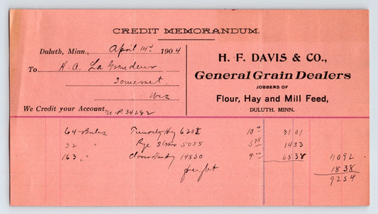Duluth Minnesota 1904 H F Davis General Grain Dealers Billhead 8 x 4.5