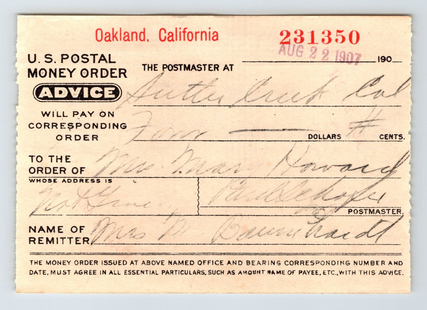 1907 Oakland California postal money order advice card issued to Sutter Creek showing handwritten payee details and official printed form