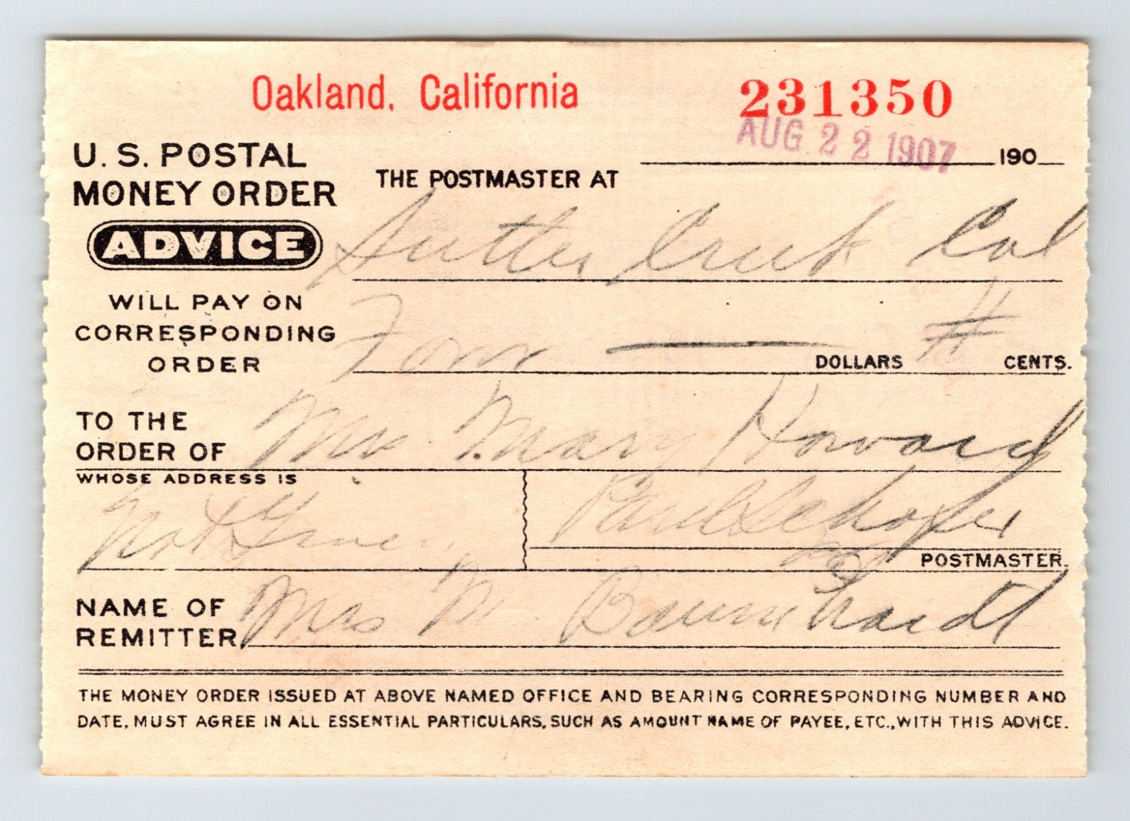 1907 Oakland California postal money order advice card issued to Sutter Creek showing handwritten payee details and official printed form