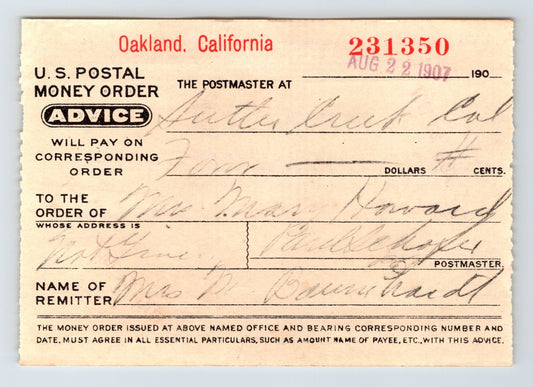 1907 Oakland California postal money order advice card issued to Sutter Creek showing handwritten payee details and official printed form