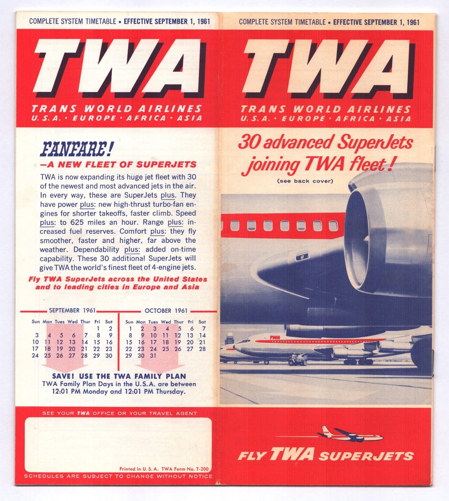 TWA Trans World Airlines 1961 SuperJet complete system timetable brochure cover with jet engine