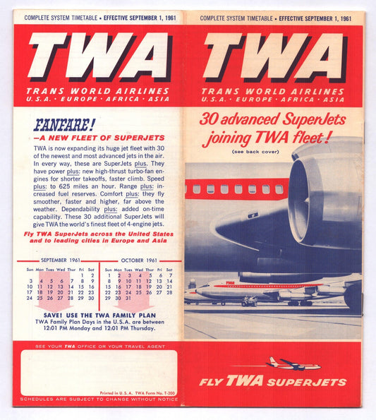 TWA Trans World Airlines 1961 SuperJet complete system timetable brochure cover with jet engine