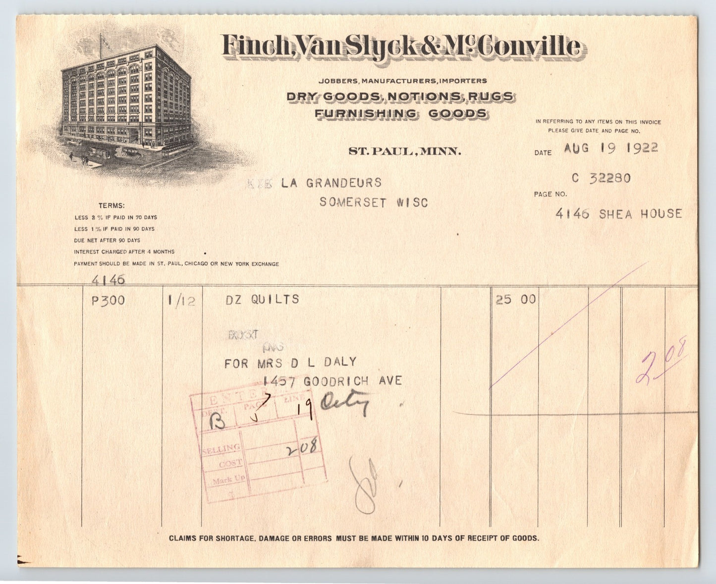 St Paul Minnesota 1922 Finch Van Slyck McConville Dry Goods Billhead 8 x 7