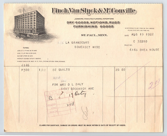 St Paul Minnesota 1922 Finch Van Slyck McConville Dry Goods Billhead 8 x 7
