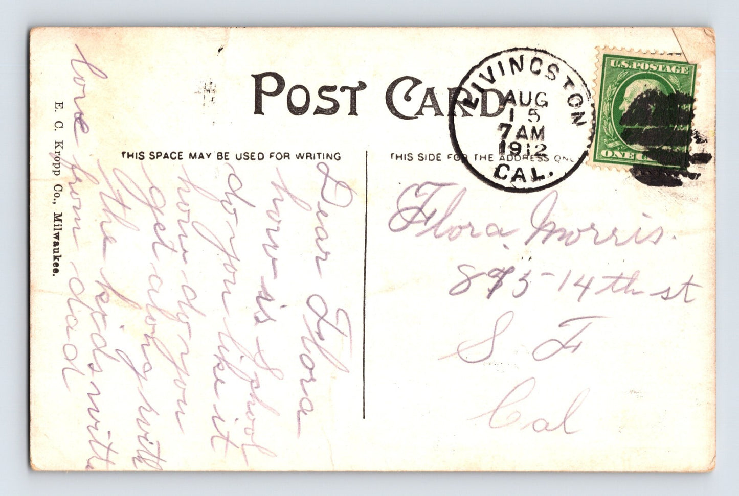 Livingston California Idan Ha Hotel 1912 Postcard Posted Divided Back