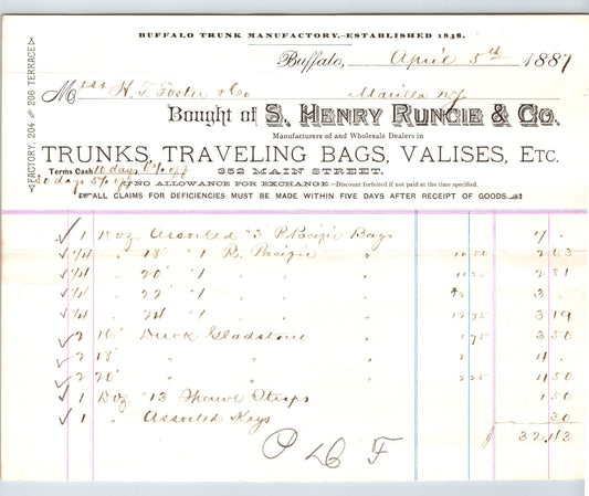 Buffalo New York Henry Runcie trunks traveling bags billhead invoice 1887