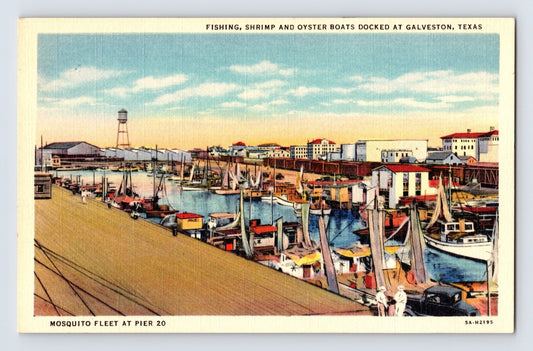 Galveston Texas shrimp boats oyster fleet pier harbor Mosquito Fleet linen postcard
