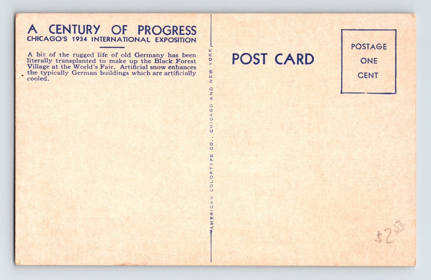 Chicago Illinois 1933 World’s Fair Black Forest Village Postcard Unposted