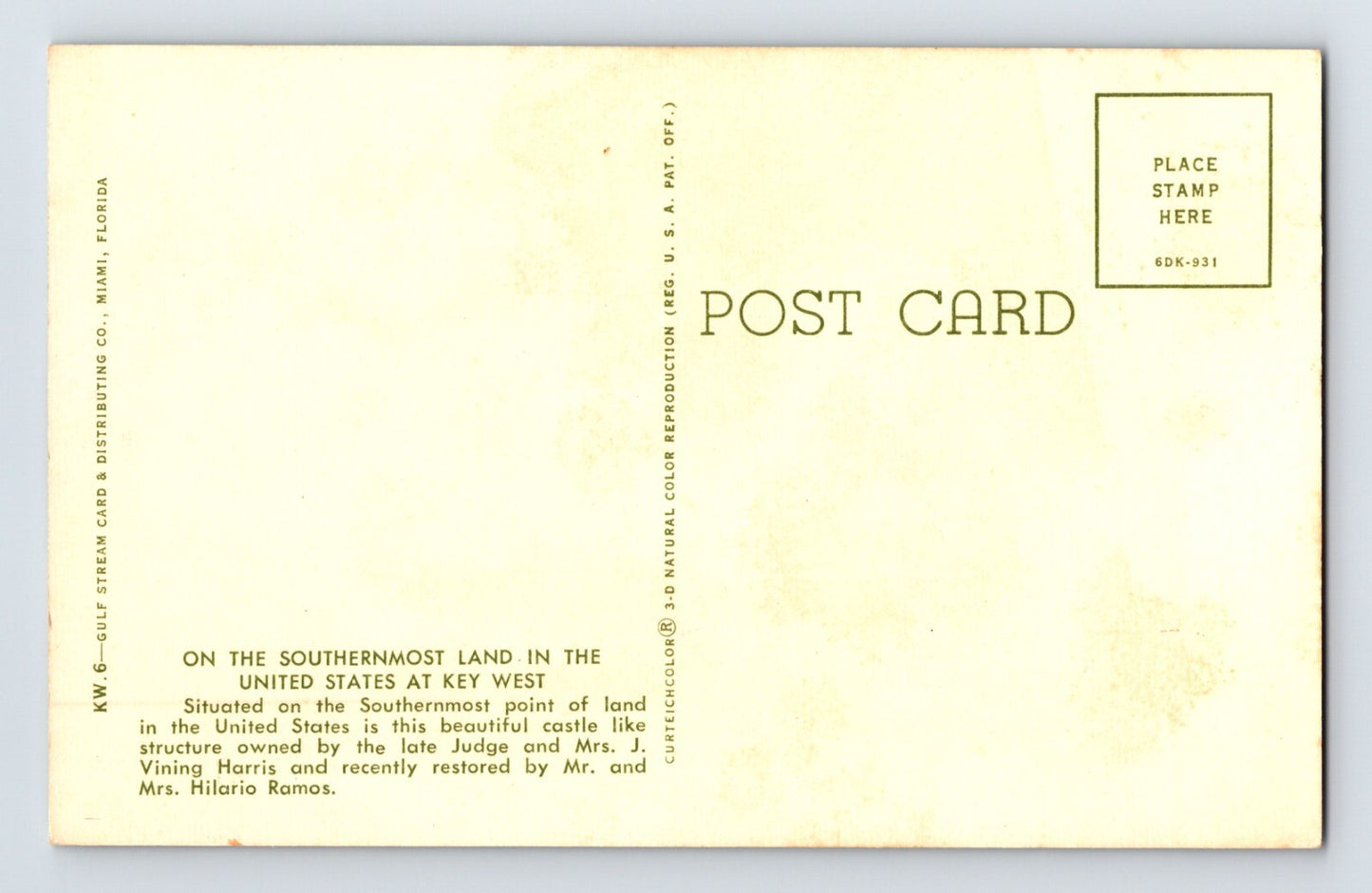Key West Florida Southernmost Point Harris Mansion 1960s Postcard Unposted