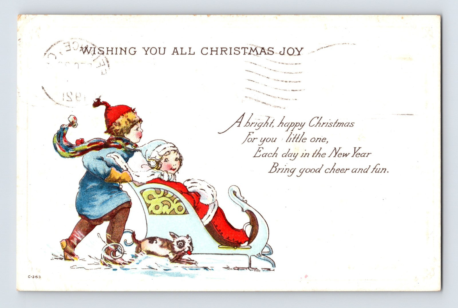 Christmas postcard showing a bundled child pushing Santa Claus in a sled beside a small dog, with embossed holiday verse and 1921 Detroit Michigan postmark.