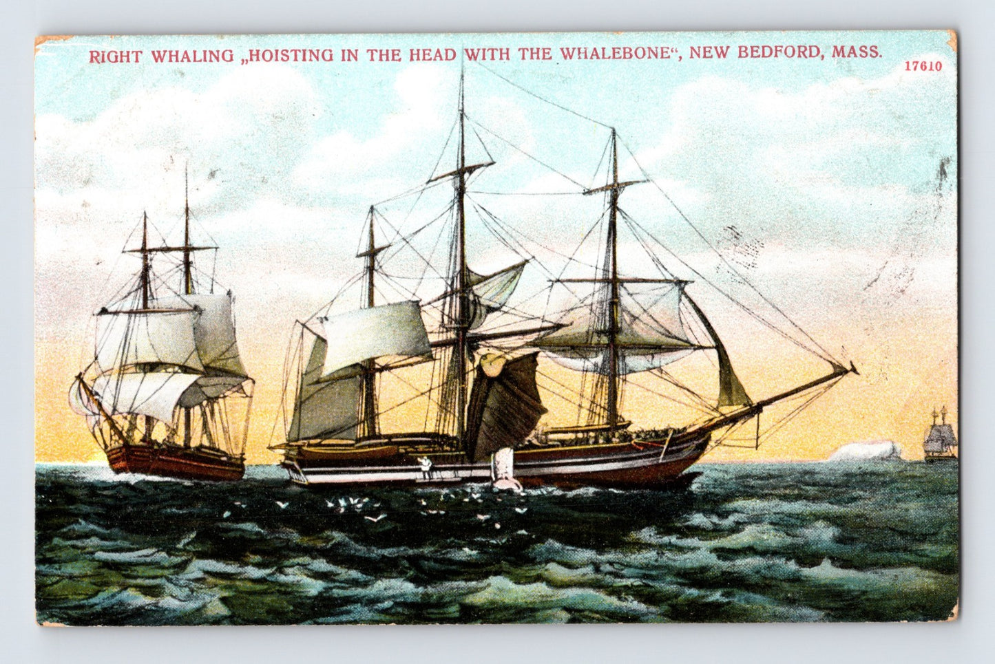Vintage illustration of a ship with whales on a postcard, featuring text about whaling.