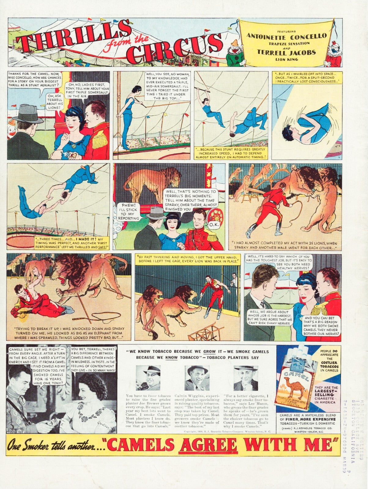 Camel Cigarettes 1938 circus comic strip Thrills from the Circus vintage print ad