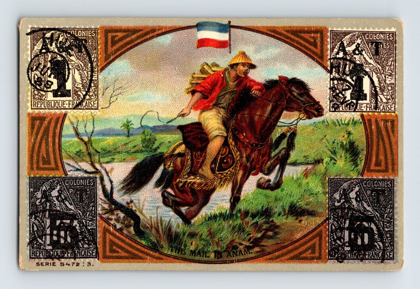 Annam Vietnam mail courier horseback stamps trade card 1910s colonial postal theme