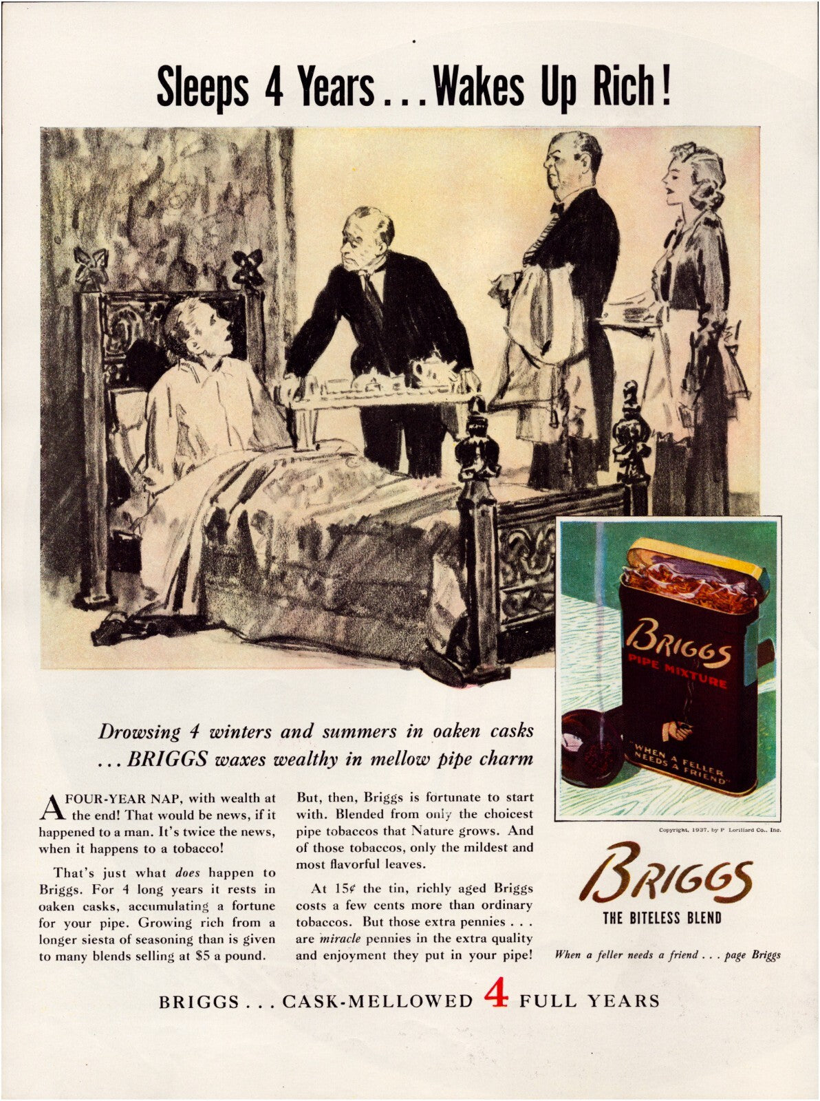 Briggs tobacco 1937 pipe blend print ad man in bed wakes up rich illustration