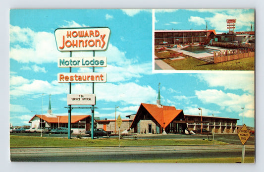 Color postcard of Howard Johnson Motor Lodge in Lubbock Texas with orange roof buildings, roadside sign, and swimming pool inset view
