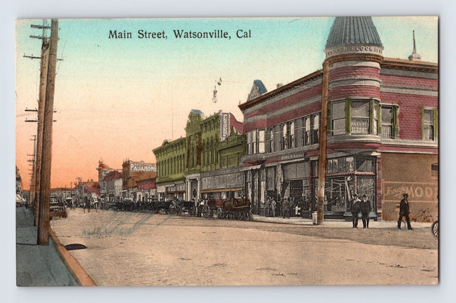 Watsonville California Main Street view with Pajaroni building 1912 postcard