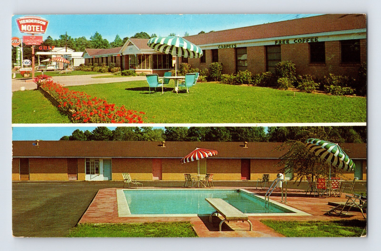Marshall Texas Henderson Motel Gulf Oil sign pool courtyard 1960s postcard