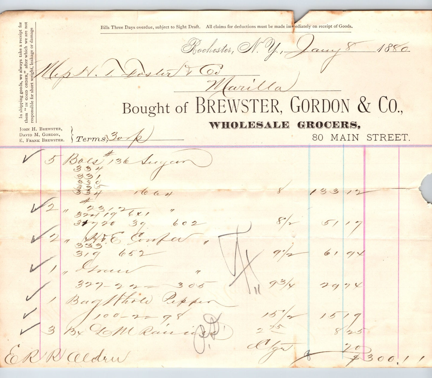 Rochester New York 1880 Brewster Gordon Wholesale Grocers Billhead - 8.5 x 7