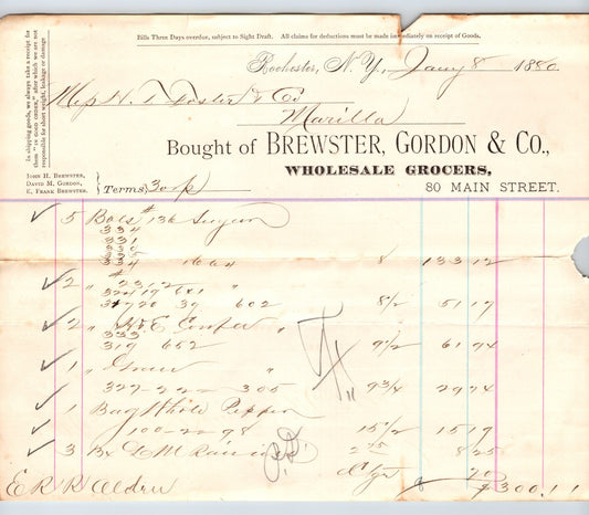 Rochester New York 1880 Brewster Gordon Wholesale Grocers Billhead - 8.5 x 7