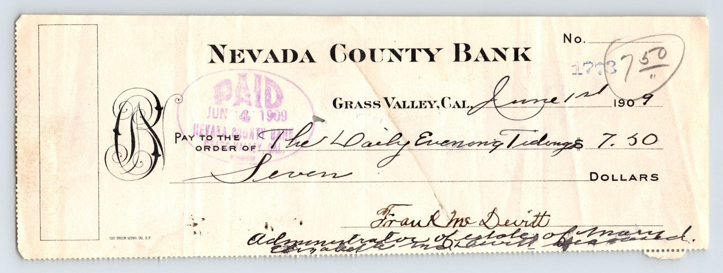 Grass Valley California Nevada County Bank 1909 check money order with handwritten amount and paid stamp