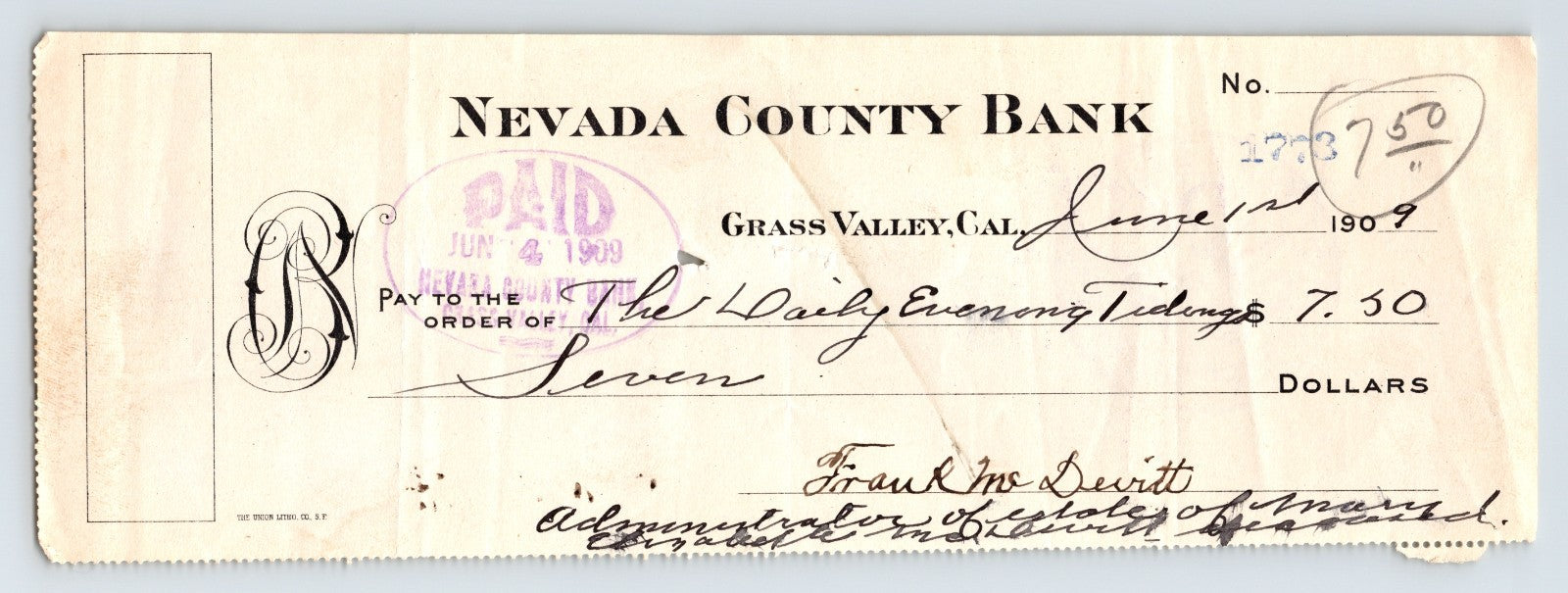 Grass Valley California Nevada County Bank 1909 check money order with handwritten amount and paid stamp