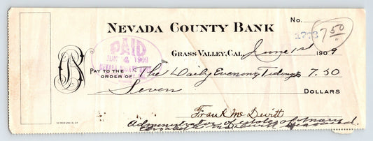 Grass Valley California Nevada County Bank 1909 check money order with handwritten amount and paid stamp