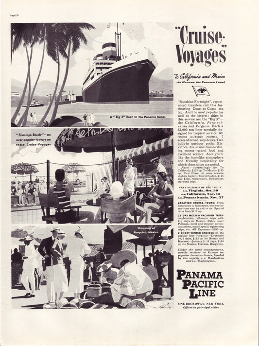 Panama Pacific Line 1937 cruise voyages print ad with ocean liner and leisure scenes in Mexico