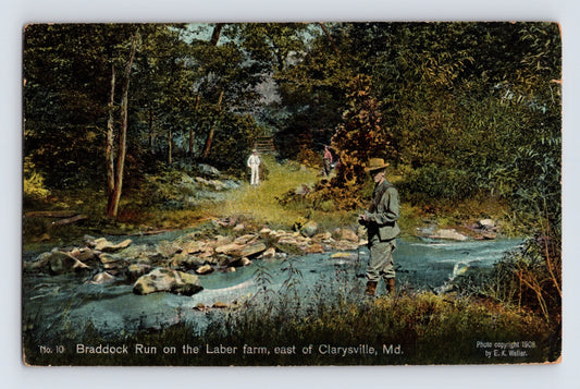 Clarysville Maryland Braddock Run Laber Farm man fishing stream wooded landscape 1910s postcard