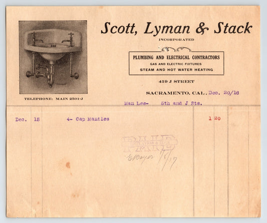 Scott Lyman Stack Sacramento California plumbing billhead 1916 sink illustration invoice