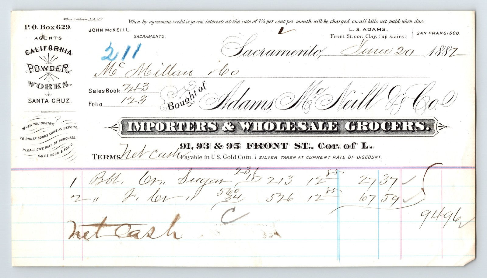Sacramento California 1882 Adams McNeill wholesale grocers billhead handwritten invoice importers Front Street document 8 x 4.5