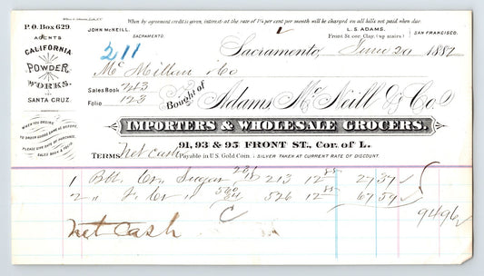 Sacramento California 1882 Adams McNeill wholesale grocers billhead handwritten invoice importers Front Street document 8 x 4.5