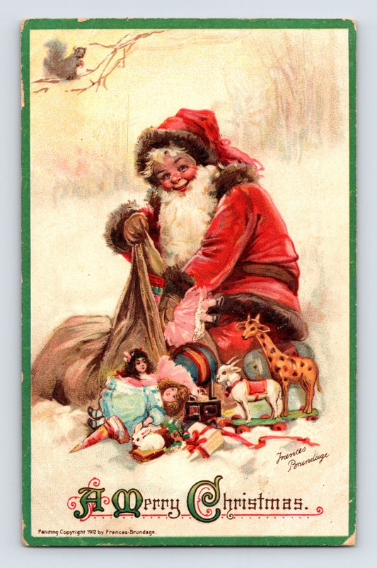 Santa Claus kneeling beside an opened toy sack with dolls, a giraffe pull toy, rabbit, and drum on this 1912 Frances Brundage Christmas postcard.