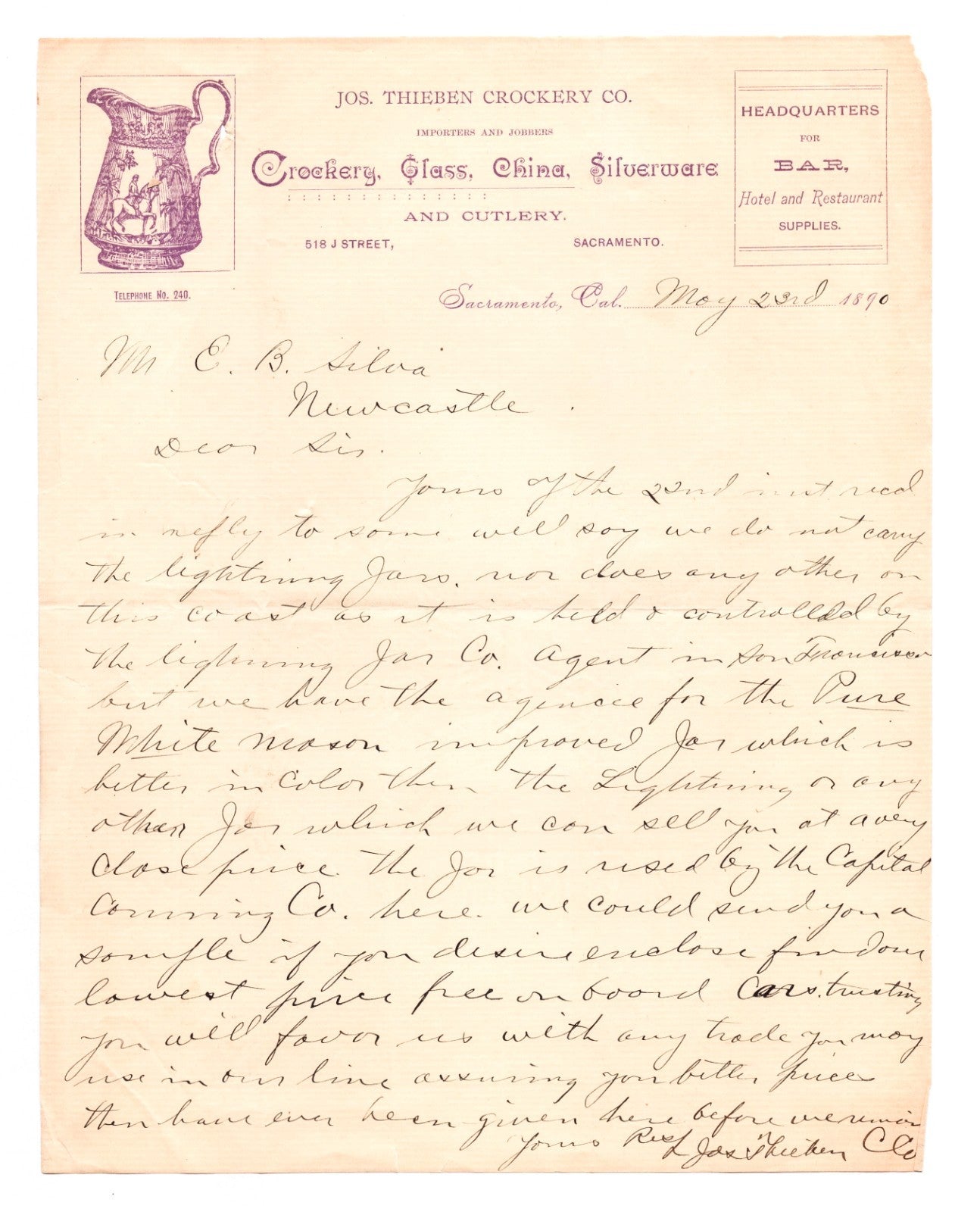Sacramento California Thieben Crockery glass china silverware letterhead 1890 handwritten business correspondence