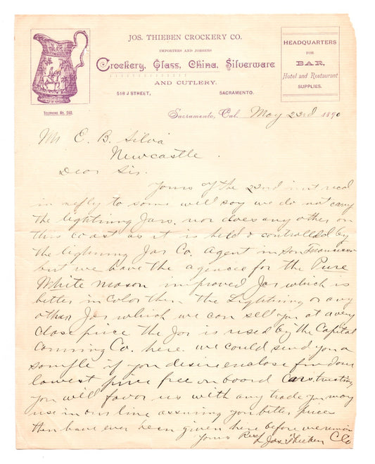 Sacramento California Thieben Crockery glass china silverware letterhead 1890 handwritten business correspondence