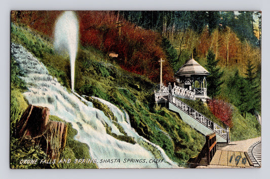 Mt Shasta California Oxone Falls spring gazebo 1910s postcard showing waterfall, mineral spring plume, and hillside pavilion